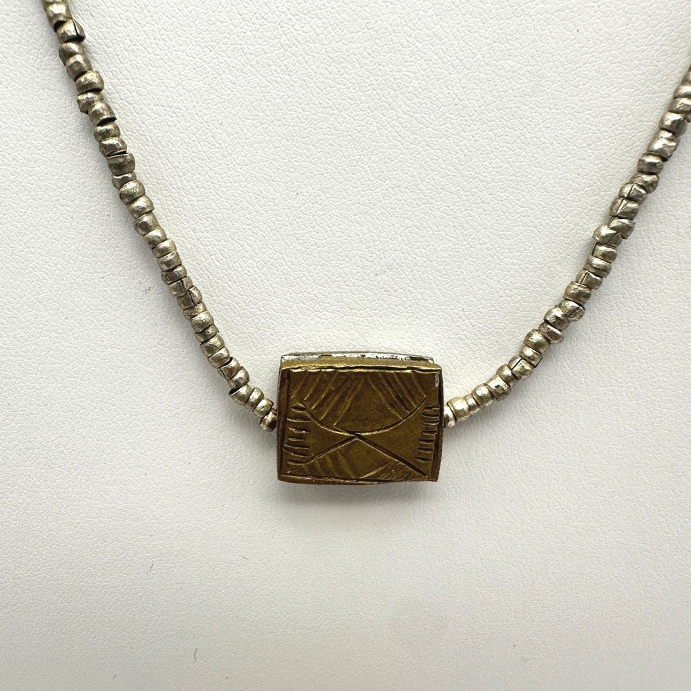 Vintage 90s Rectangular Etched Pendant Necklace Silver Tone Beads Jewelry